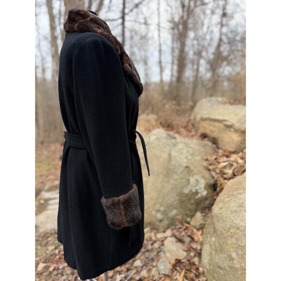 Jessica London Vintage Wool Blend Coat Faux Fur Collar Cuffs Belted Black Medium - Picture 8 of 12